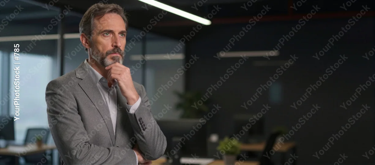 Man in Suit Thinking While Holding Microphone in Office business man