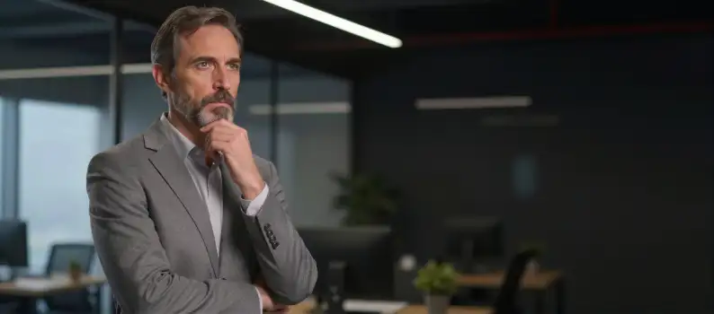 Man in Suit Thinking While Holding Microphone in Office business man