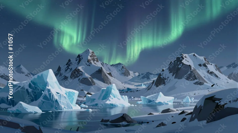 Snowy Mountain Range with Aurora Borealis and Ice Lake
