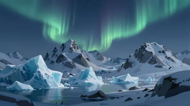 Snowy Mountain Range with Aurora Borealis and Ice Lake