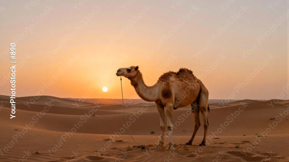 Camel in Desert at Sunset sunrise sand dune landscape