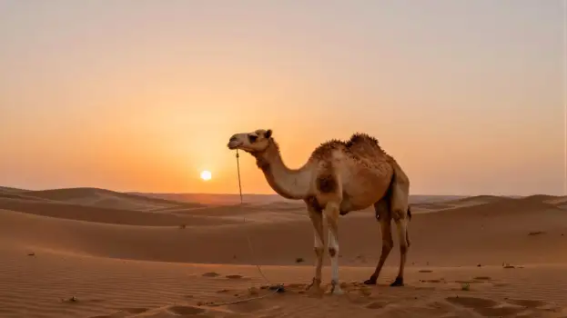 Camel in Desert at Sunset sunrise sand dune landscape