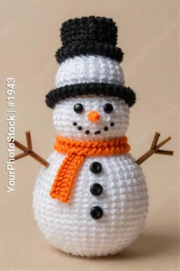 Crocheted Snowman with Black Top Hat and Orange Scarf
