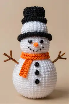 Crocheted Snowman with Black Top Hat and Orange Scarf