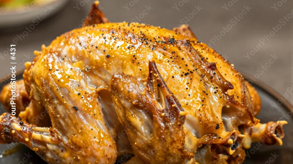Roasted Chicken on Plate whole chicken golden brown