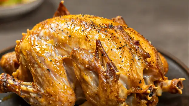 Roasted Chicken on Plate whole chicken golden brown