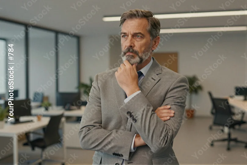 Middle-aged man in formal suit thinking in office