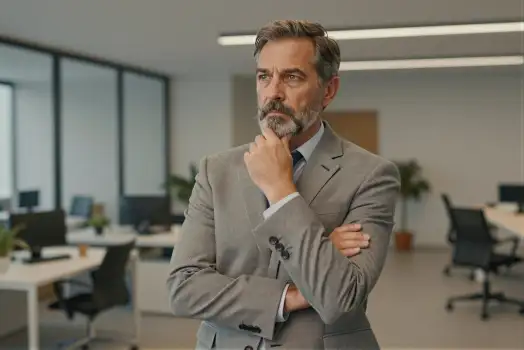 Middle-aged man in formal suit thinking in office