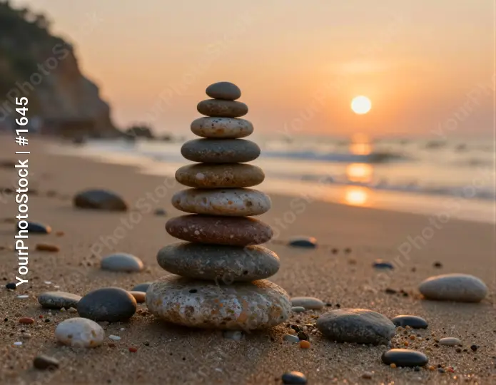 Sunset Pebble Stack on Beach pyramid colorful