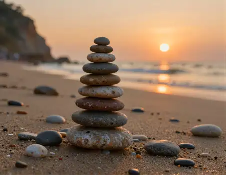Sunset Pebble Stack on Beach pyramid colorful