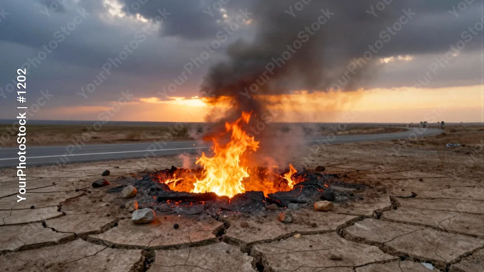 Large fire burning on roadside in barren landscape