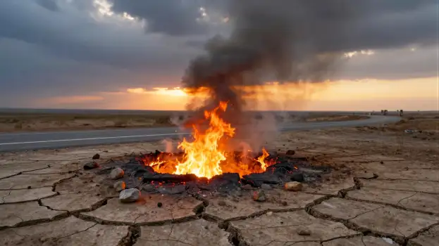 Large fire burning on roadside in barren landscape
