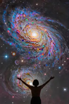 Silhouette Person Stretched Wide in Front of Colorful Spiral Galaxy