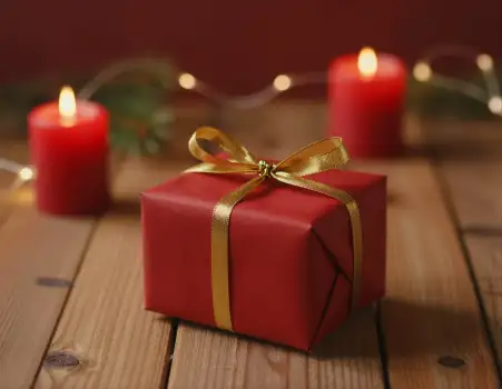 Red Gift Box with Gold Ribbon on Wood Table wooden table