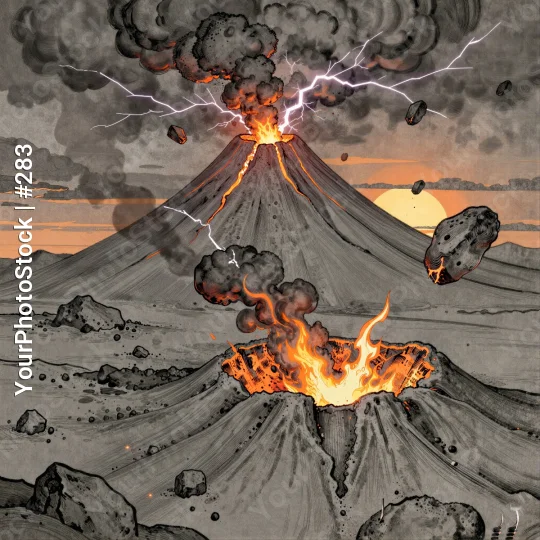 Volcano Erupting at Night lava smoke lightning illustration