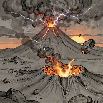Volcano Erupting at Night lava smoke lightning illustration