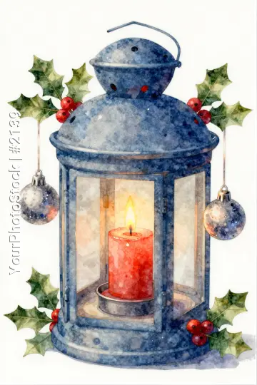 Blue Metal Lantern with Red Candle and Holly Leaves christmas