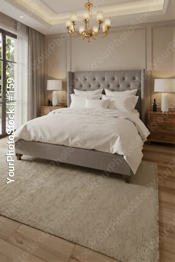 Luxury Modern Bedroom with Large Window chandelier
