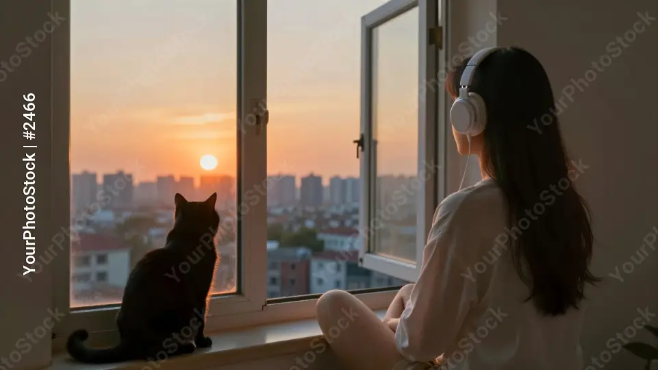 Young woman on windowsill watching sunset with cat