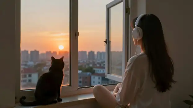 Young woman on windowsill watching sunset with cat