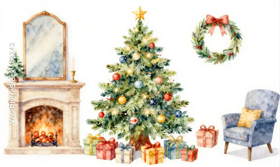 Christmas Tree Watercolor Illustration decorated