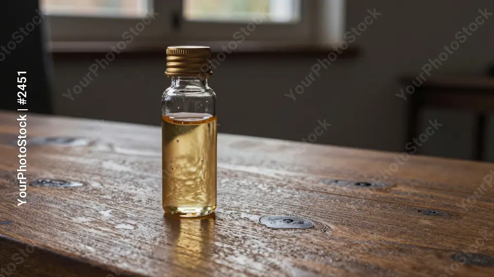 Essential Oil Bottle on Wooden Table gold cap