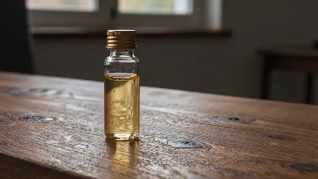 Essential Oil Bottle on Wooden Table gold cap