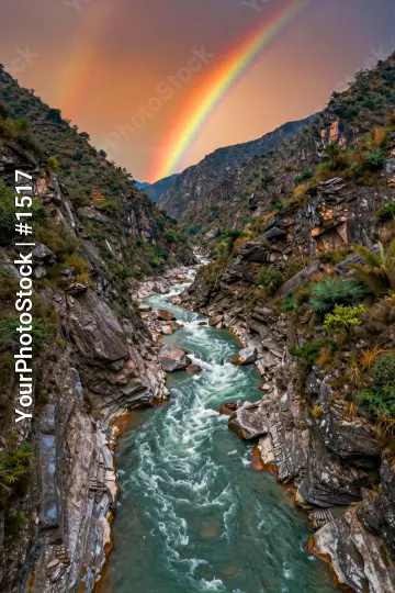 Serene River Flowing Through Rocky Gorge at Sunset