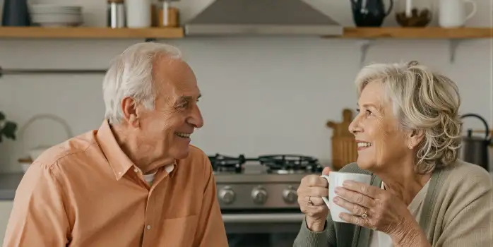 Elderly couple in kitchen chatting over coffee