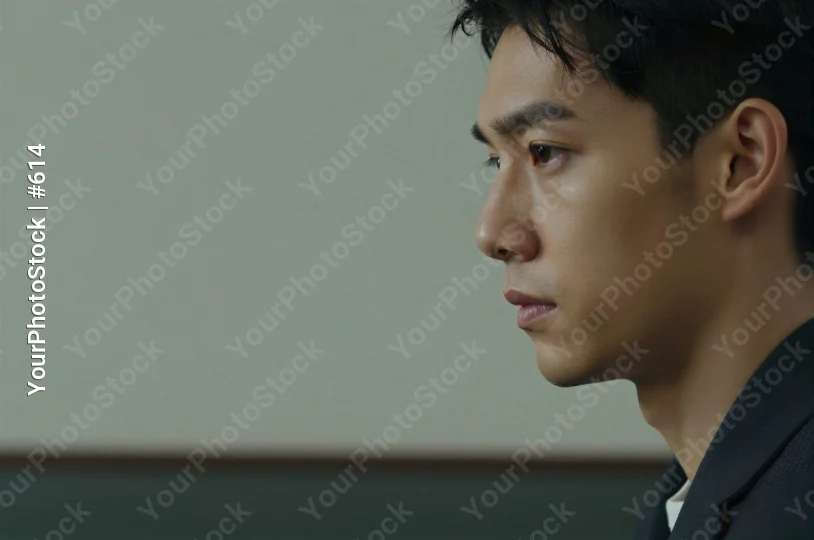 Young Man in Serious Suit Looking Intently serious expression