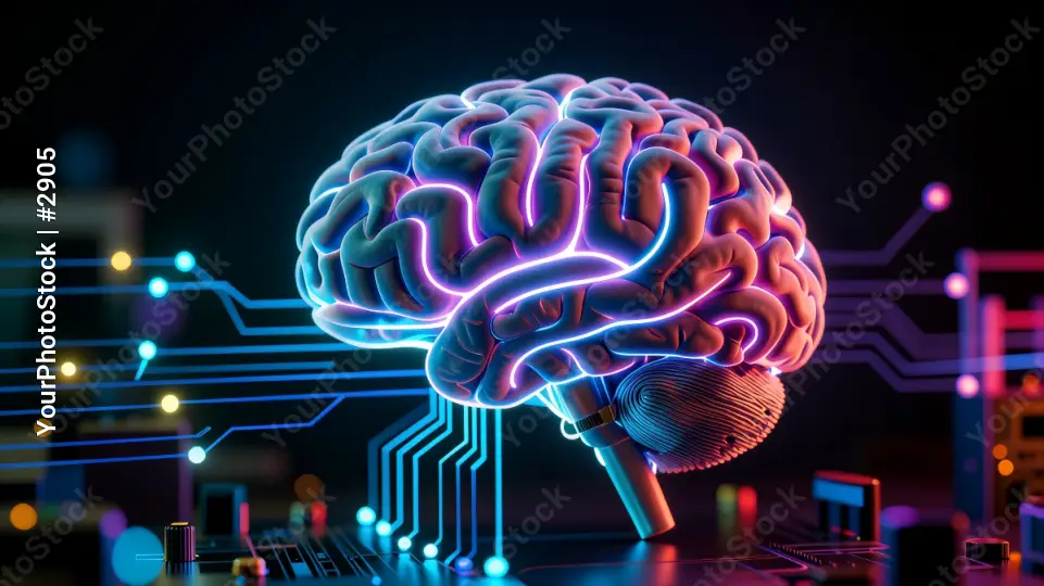 Neural Network Illustration with LED Lights brain colorful AI