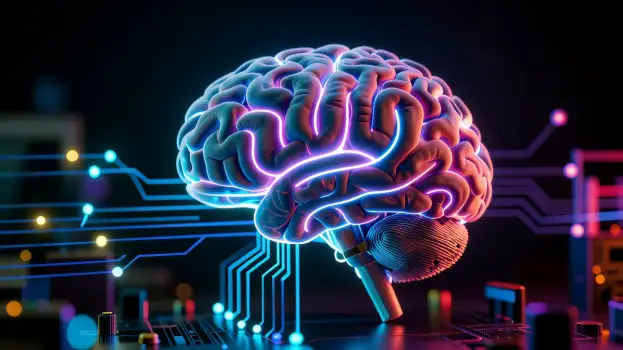 Neural Network Illustration with LED Lights brain colorful AI