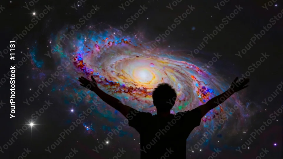 Silhouette Person Stretching Arms Galaxy vibrant colors