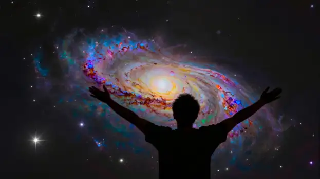 Silhouette Person Stretching Arms Galaxy vibrant colors