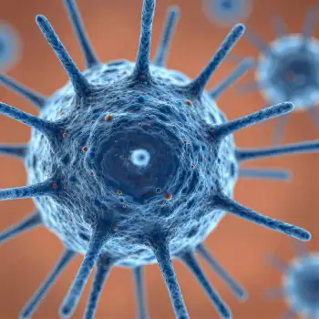 Microscopic View of Spherical Virus with Spikes