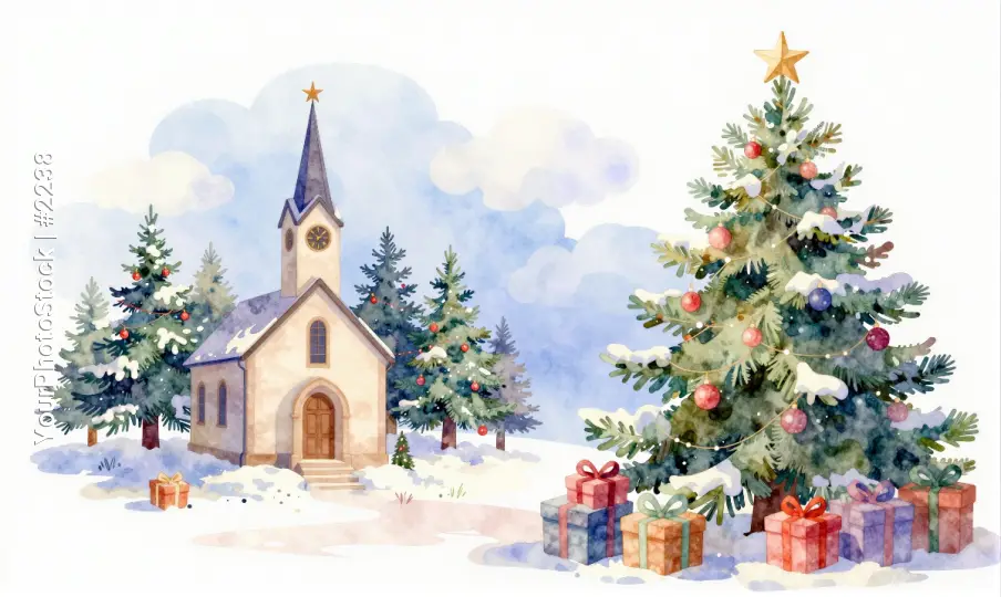 Christmas Scene: Snowy Church with Decorated Tree