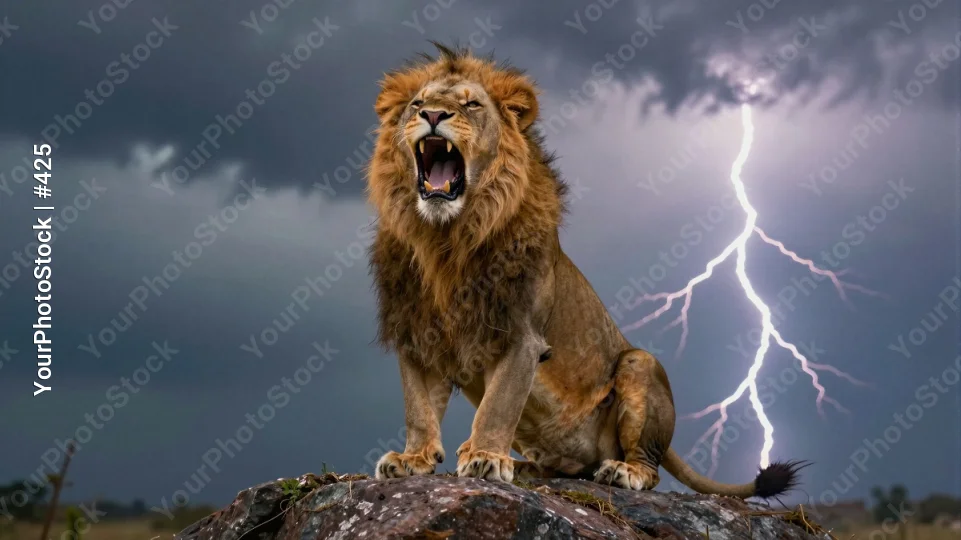 Powerful Lion Roaring on Rock stormy sky lightning