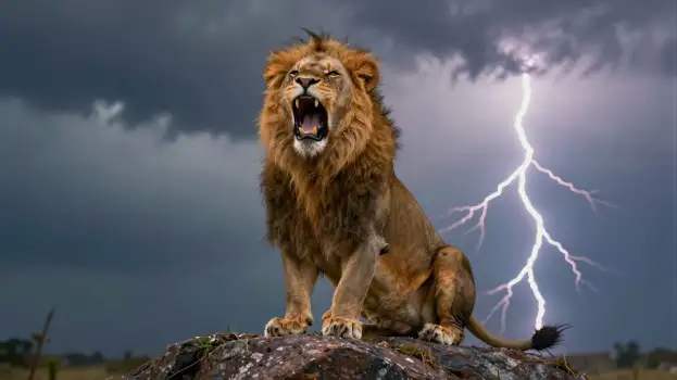 Powerful Lion Roaring on Rock stormy sky lightning