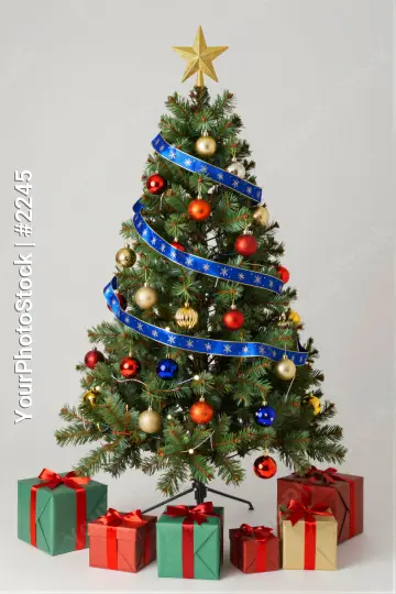 Christmas Tree with Colorful Ornaments and Gift Boxes
