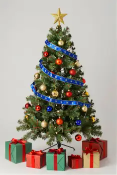 Christmas Tree with Colorful Ornaments and Gift Boxes