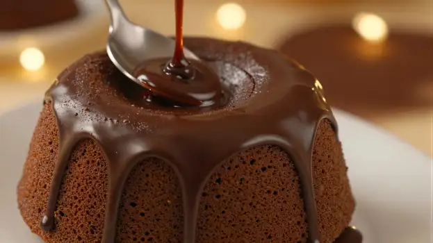 Chocolate Bundt Cake on Plate dessert sauce silver spoon