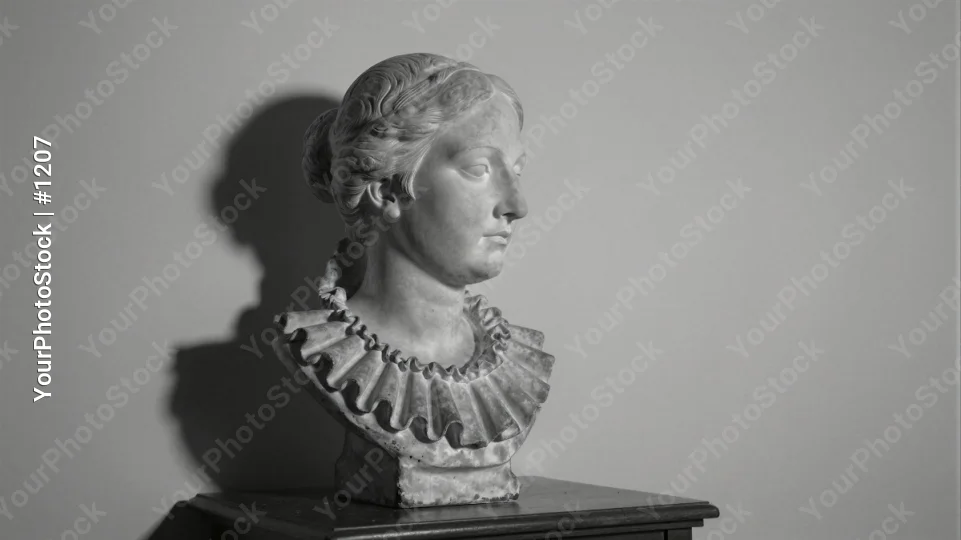 Marble Bust of Woman, Serious Expression wooden pedestal