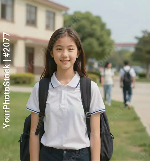 Young girl standing on sidewalk in front of building student