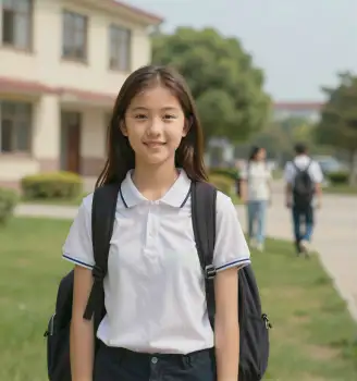 Young girl standing on sidewalk in front of building student