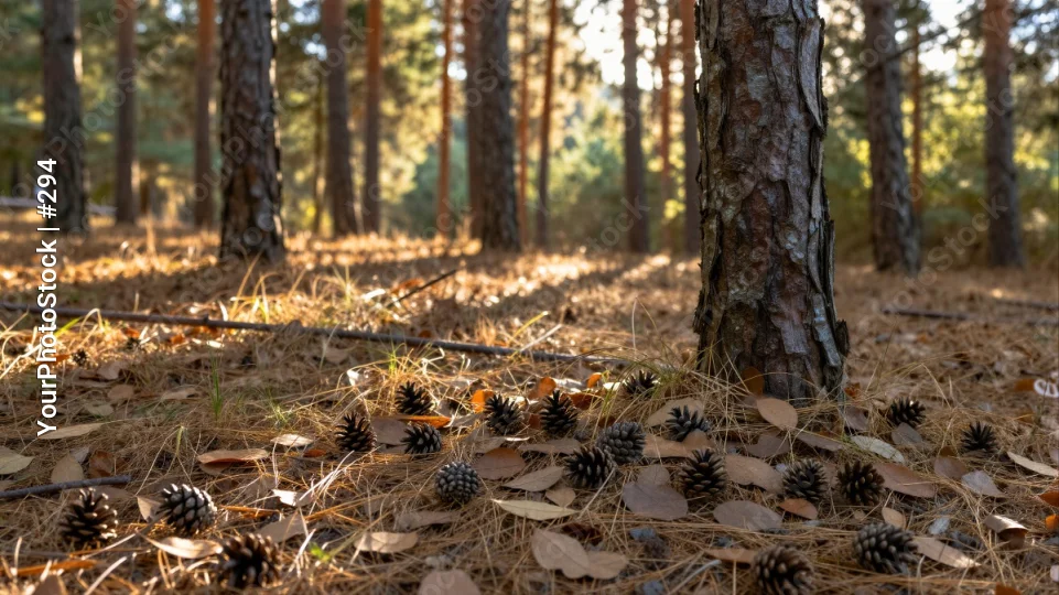 Fallen Leaves and Pine Cones on Forest Floor tall pine trees
