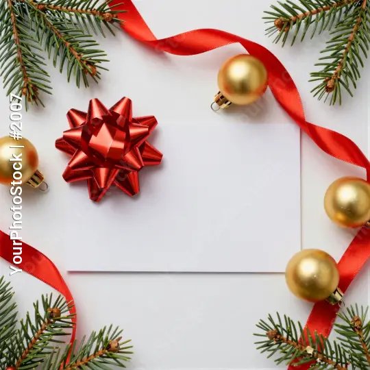 Christmas Decorations Flat Lay red ribbons golden baubles