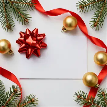 Christmas Decorations Flat Lay red ribbons golden baubles