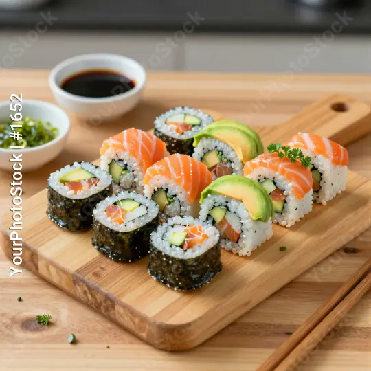 Sushi Rolls on Wooden Cutting Board salmon avocado