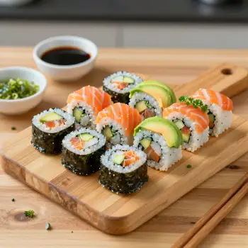 Sushi Rolls on Wooden Cutting Board salmon avocado