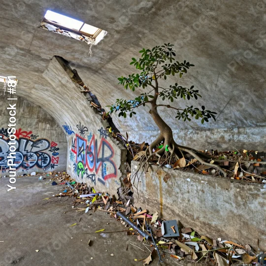 Abandoned Tunnel with Graffiti and Overgrown Tree
